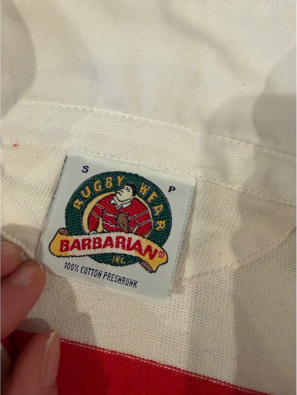 Vintage Barbarian Rugby Shirt Red White Striped Oversized Polo Small 90s - Picture 7 of 8